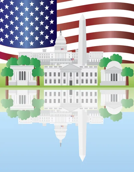 Washington dc monumenten reflectie met ons vlag — Stockvector
