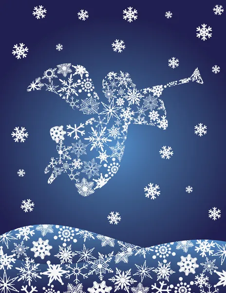Ángel con silueta de trompeta con copos de nieve Illusrtation — Vector de stock