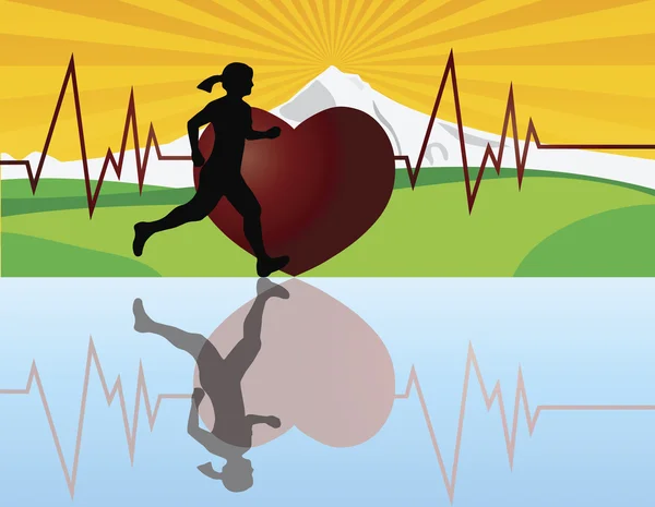 Jogger feminino com ilustração de batimento cardíaco — Vetor de Stock
