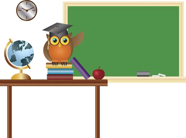 Eulenlehrer im Klassenzimmer mit Kreidetafel-Illustration — Stockvektor