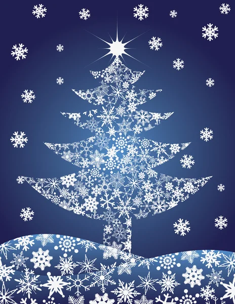 Julgran siluett med snöflingor illustration — Stock vektor