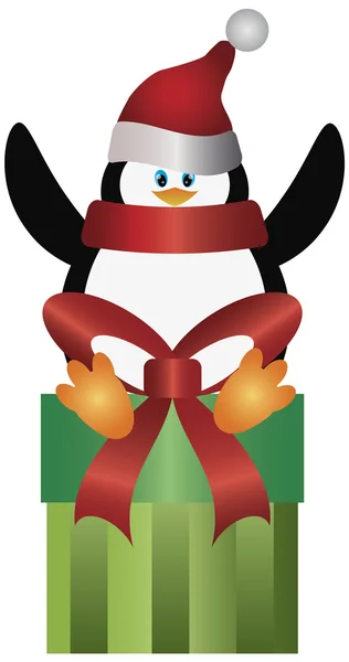 Pingwin z santa hat na obecne ilustracja — Wektor stockowy