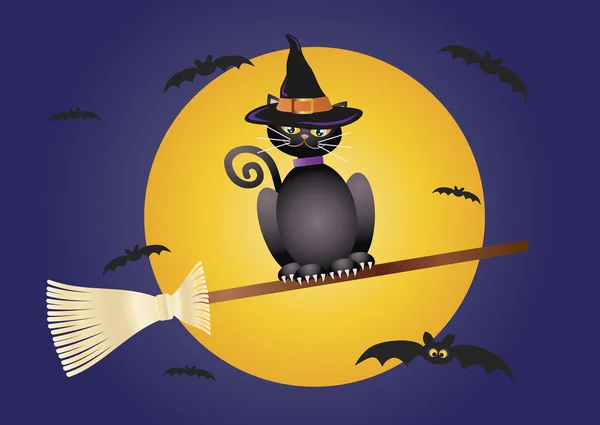 Halloween gato volando en escoba ilustración — Vector de stock