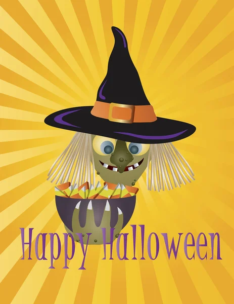 Feliz Bruja de Halloween con Bowl of Candy Illustration — Vector de stock
