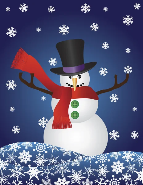 Bonhomme de neige de Noël avec des flocons de neige Illustration — Image vectorielle