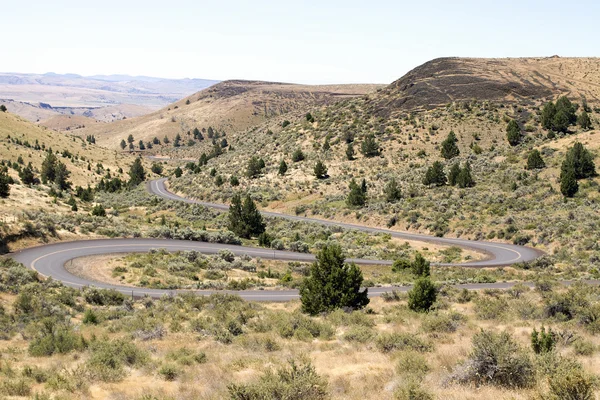 在俄勒冈州高沙漠农田中蜿蜒的公路 — 图库照片