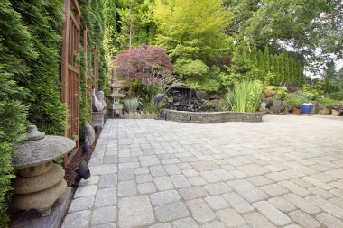 Backyard Asian Inspired Paver Patio Garden clipart