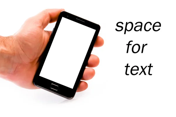 Mano celebración de teléfono inteligente móvil con pantalla en blanco galaxia estilo a —  Fotos de Stock