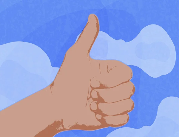 Mostra um polegar para cima como um símbolo contra o céu azul com nuvens . —  Vetores de Stock