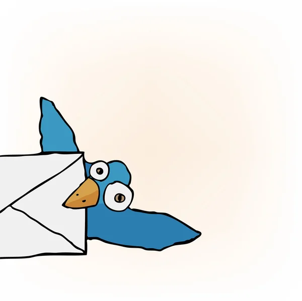 Söt liten blå fågel bär ett kuvert — Stock vektor