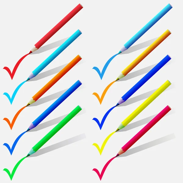 Set van kleurrijke potloden een teek op een witte achtergrond plaatsen. — Stockvector