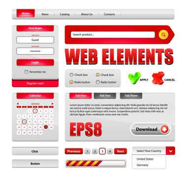 Hi-End Web Interface Design Elements Red Version 2: buttons, menu, progress bar, radio button, check box, login form, search, pagination, icons, tabs, calendar. clipart