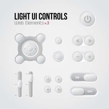 Light UI Controls Web Elements 3: Buttons, Switchers, On, Off, Player, Audio, Video: Play, Stop, Next, Pause, Volume, Equalizer clipart