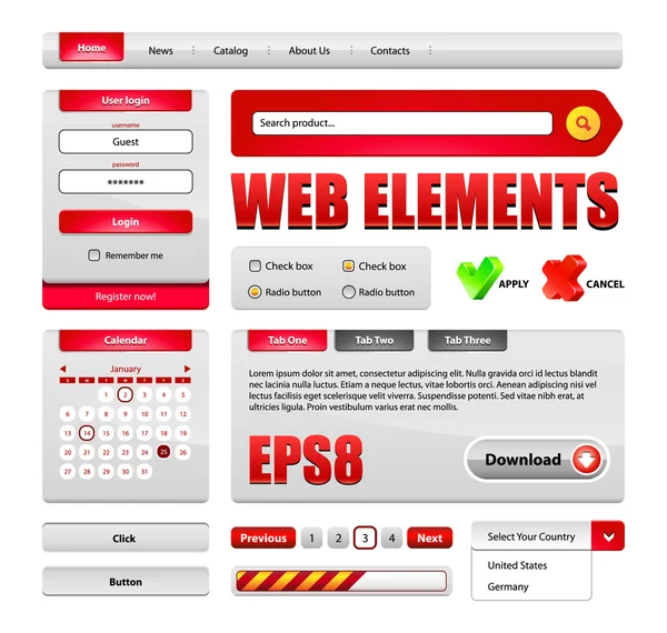 Hallo-end Web-Interface-Designelemente rot Version 2: Schaltflächen, Menü, Fortschrittsbalken, Radiobutton, Kontrollkästchen, Anmeldeformular, Suche, Pagination, Symbole, Tabs, Kalender. — Stockvektor