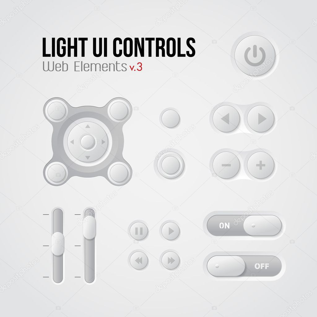 Light UI Controls Web Elements 3: Buttons, Switchers, On, Off, Player, Audio, Video: Play, Stop, Next, Pause, Volume, Equalizer