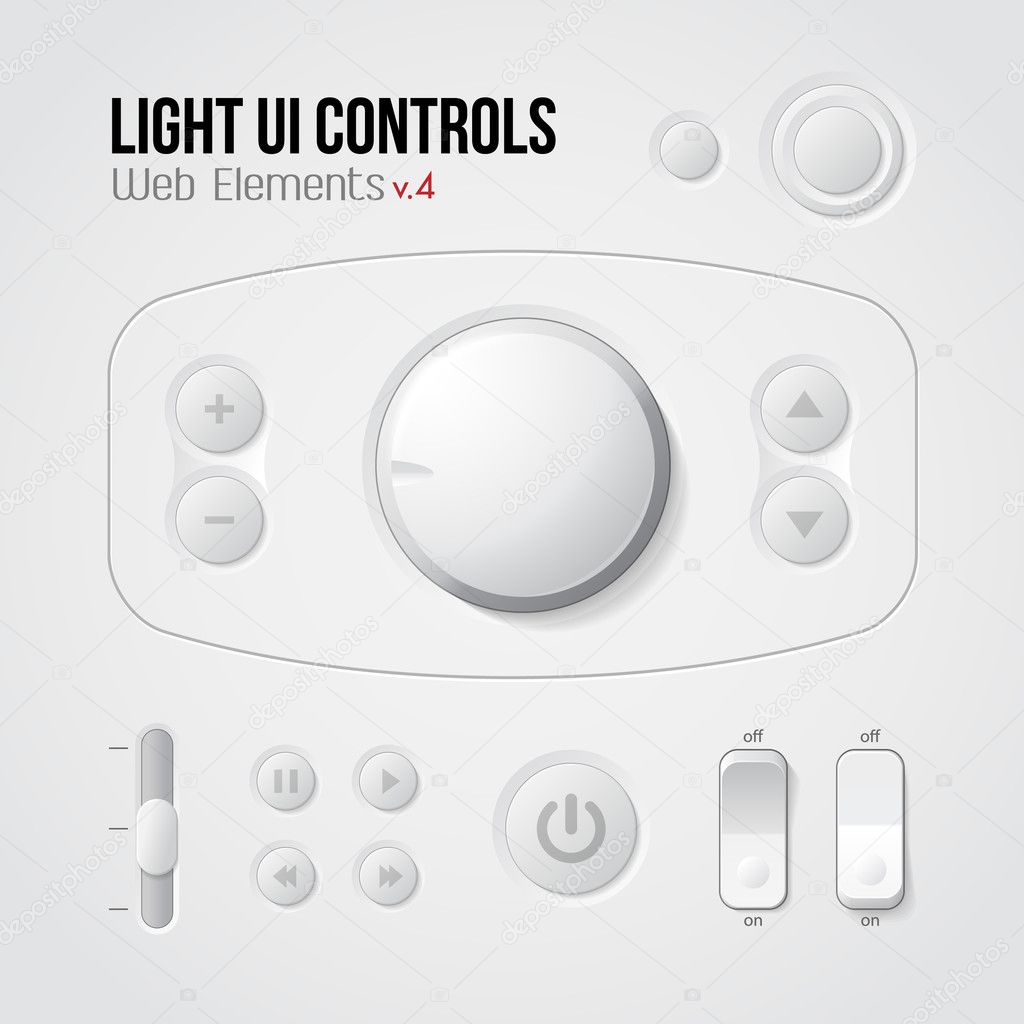 Light UI Controls Web Elements 4: Buttons, Switchers, On, Off, Player, Audio, Video: Play, Stop, Next, Pause, Volume, Equalizer