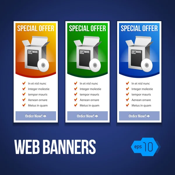 Special Offer Banner Set Vector Colored 13: Blue, Yellow, Orange, Green. Showing Products Purchase Button — Stock Vector