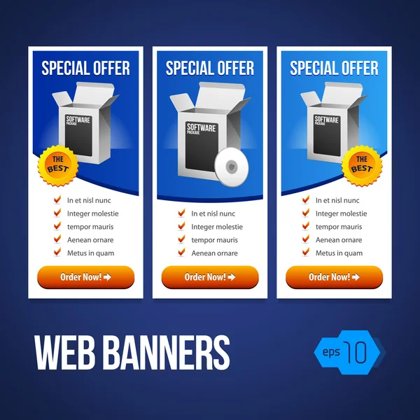 Special Offer Banner Set Vector Blue 17: Showing Products Purchase Button Box CD DVD — Stock Vector