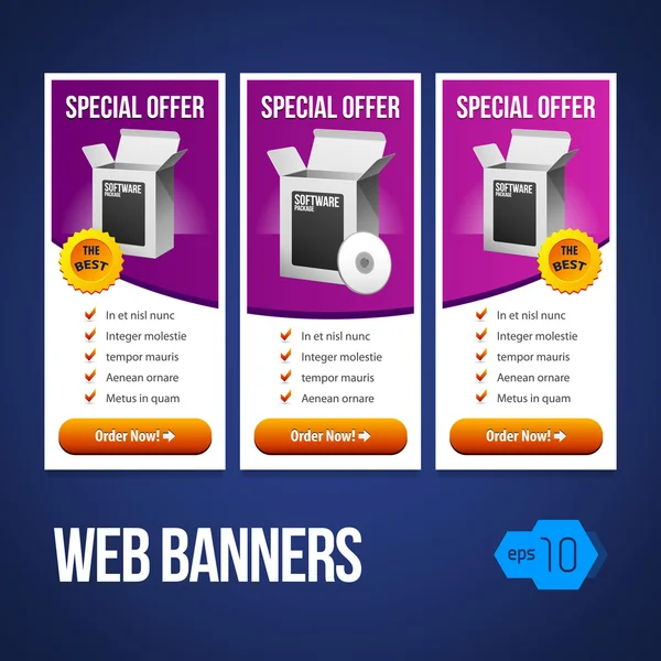 Special Offer Banner Set Vector Violet Purple 18: Showing Products Purchase Button — Stock Vector