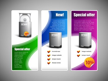 Special Offer Web Banner Set Vector Website Colored 22: Blue, Purple, Violet, Green. Showing Products Purchase Button, Label, Sticker clipart