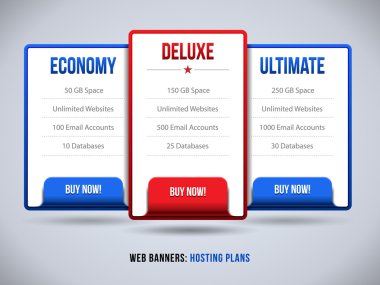 Web Banners Boxes Hosting Features Plans Or Pricing Table For Your Website Design Blue Red: Banner, Order, Button, Box, List, Bullet, Buy Now clipart