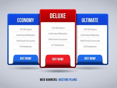 Web Banners Boxes Hosting Features Plans Or Pricing Table For Your Website Design Blue Red: Banner, Order, Button, Box, List, Bullet, Buy Now clipart