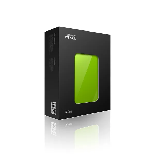 Boîte moderne noire de paquet de logiciel avec la fenêtre verte pour le disque de DVD ou de CD EPS10 — Image vectorielle