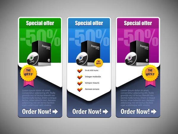 Special Offer Banner Set Vector Colored 21: Blue, Purple, Violet, Green. Showing Products Purchase Button — Stock Vector