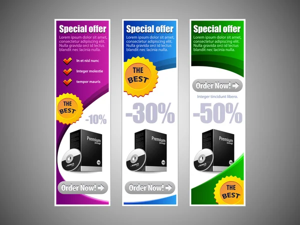 Special Offer Banner Set Vector Colored 9: Blue, Purple, Violet, Green. Showing Products Purchase Button — Stock Vector