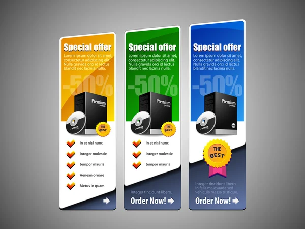 Oferta especial Set Banner Vector Color: Azul, Verde, Amarillo. Mostrando productos Botón de compra — Vector de stock