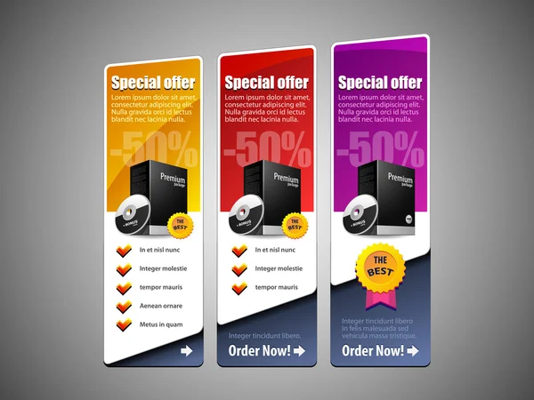 Oferta Especial Set Banner Vector Color 8: Amarillo, Rojo, Morado, Violeta. Mostrando productos Botón de compra — Vector de stock