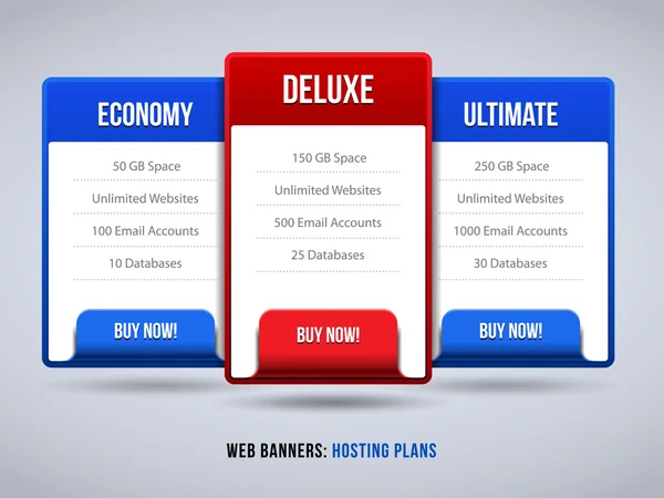 Web Banners Boxes Hosting Funcionalidades Planos ou Tabela de Preços para o seu site Design Azul Vermelho: Banner, Order, Button, Box, List, Bullet, Comprar Agora — Vetor de Stock