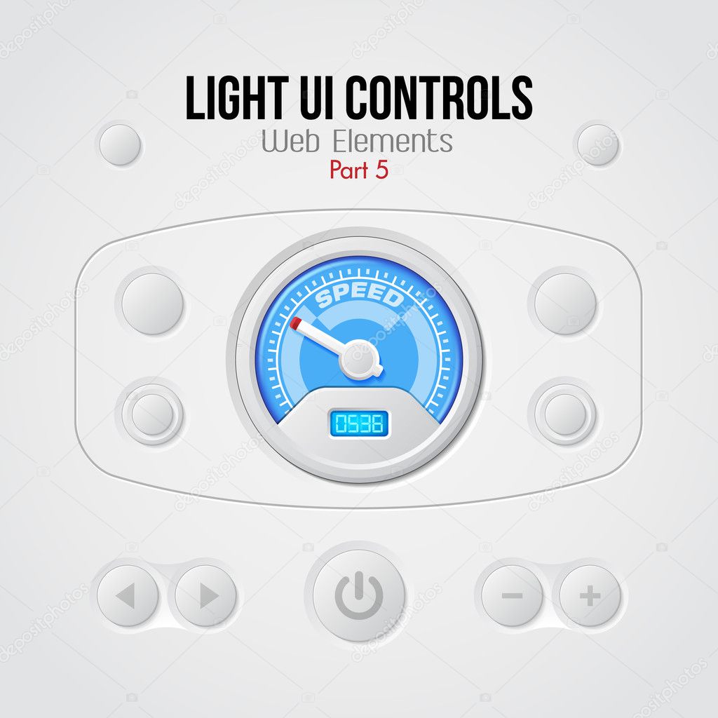 Light UI Controls Web Elements 5: Buttons, Switchers, On, Off, Player, Audio, Video, Volume, Speed Indicator, Speedometer
