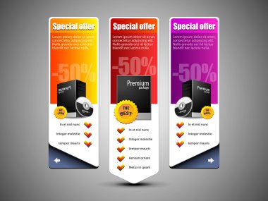 Special Offer Banner Set Vector Colored: Yellow, Purple, Violet, Red. Showing Products Purchase Button clipart