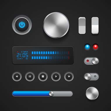 Hi-end kullanıcı arabirimi öğeleri: düğmeler, anahtarlayıcıları, on, off, player, ses, video: play, stop, ileri, Duraklat, Cilt, ekolayzer, güç, ekran, parça