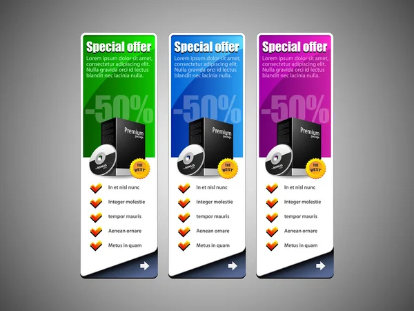 Oferta Specjalna transparent wektor kolorowy zestaw: niebieski, fioletowy, fioletowy, zielony. Wyświetlone produkty zakup przycisk — Wektor stockowy