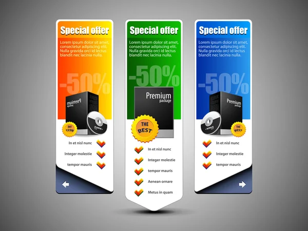 Special Offer Banner Set Vector Colored 10: Blue, Green, Yellow. Showing Products Purchase Button — Stock Vector