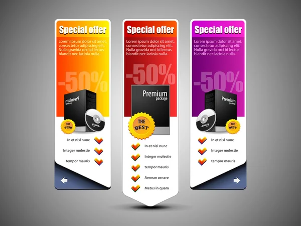 Oferta Especial Set Banner Vector Color: Amarillo, Morado, Violeta, Rojo. Mostrando productos Botón de compra — Vector de stock