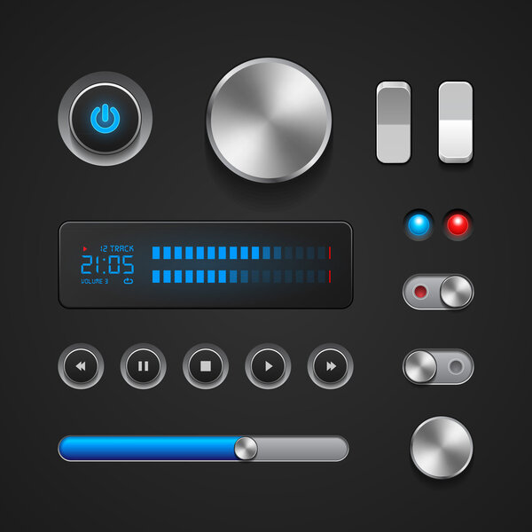 Hi-End User Interface Elements: Buttons, Switchers, On, Off, Player, Audio, Video: Play, Stop, Next, Pause, Volume, Equalizer, Power, Screen, Track