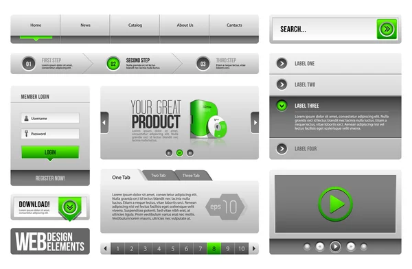Сучасні чистий сайт дизайн елементів сірого зелений сірий 3: кнопки форми слайдер, прокручування, каруселі, значки, меню, панель переходів, завантаження, нумерацію сторінок, відео, гравець, вкладку, акордеон, пошук — Stok Vektör