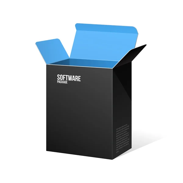 Boîte de paquet de logiciel ouvert noir à l'intérieur bleu — Image vectorielle