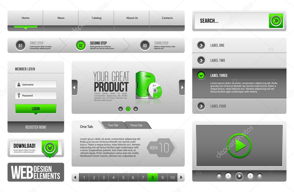 Modern Clean Website Design Elements Grey Green Gray 3: Buttons, Form, Slider, Scroll, Carousel, Icons, Menu, Navigation Bar, Download, Pagination, Video, Player, Tab, Accordion, Search