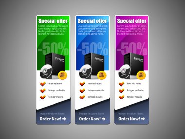 Special Offer Banner Set Vector Colored: Blue, Purple, Violet, Green. Showing Products Purchase Button clipart