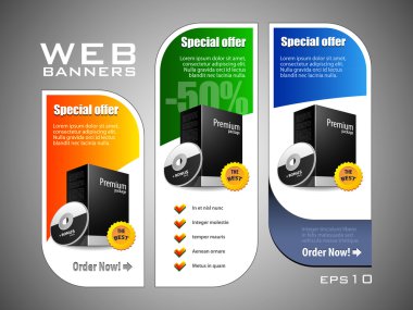 Special Offer Banner Set Vector Colored: Blue, Green, Yellow. Showing Products Purchase Button clipart