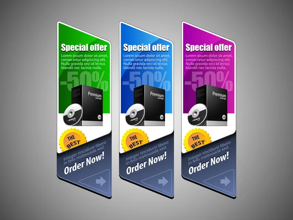 Especial Oferta Banner Set Vector Colorido 25: Azul, Roxo, Violeta, Verde. Mostrando produtos Comprar botão Ordem agora — Vetor de Stock