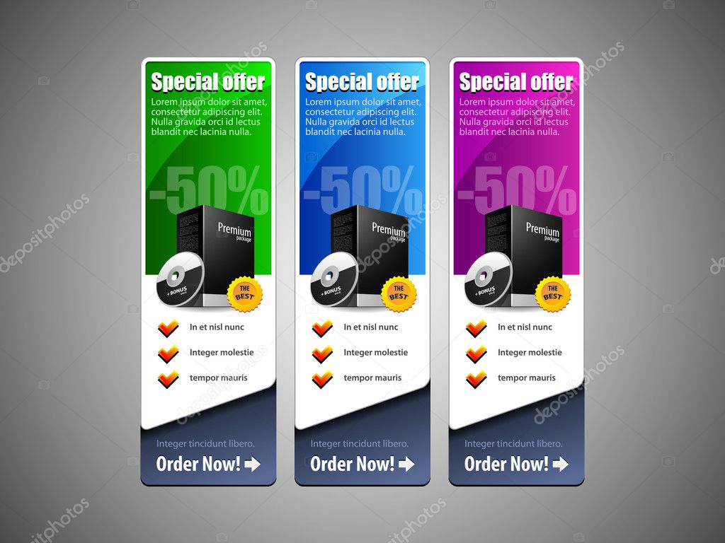 Special Offer Banner Set Vector Colored: Blue, Purple, Violet, Green. Showing Products Purchase Button