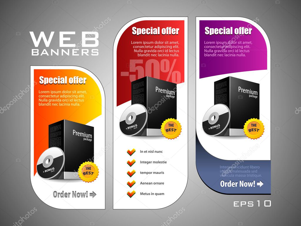 Special Offer Banner Set Vector Colored 11: Yellow, Purple, Violet, Red. Showing Products Purchase Button