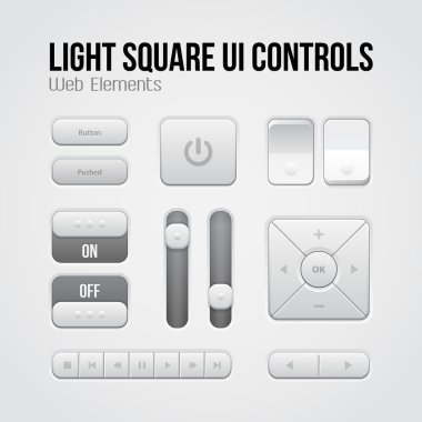 Light Square UI Controls Web Elements: Buttons, Switchers, On, Off, Player, Audio, Video: Play, Stop, Next, Pause, Volume, Equalizer, Arrows clipart