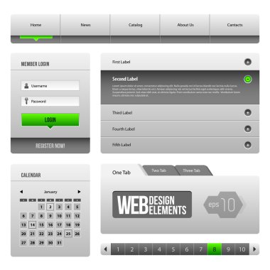 Modern Clean Website Design Elements Grey Green Gray 3: Buttons, Form, Slider, Scroll, Carousel, Icons, Menu, Navigation Bar, Download, Pagination, Video, Player, Tab, Accordion, Search, clipart