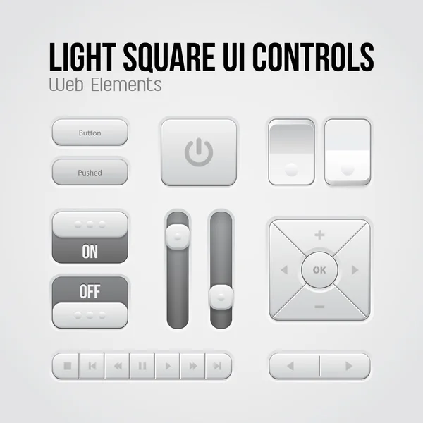 Ljus square ui kontroller webb-element: knappar, switchers, på, av, spelaren, audio, video: spela, stopp, nästa, paus, volym, equalizer, pilar — Stock vektor